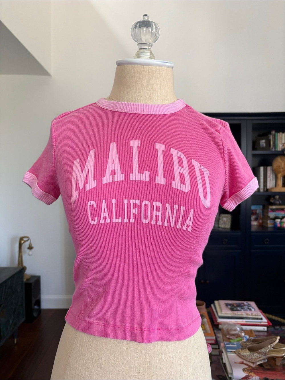 Social Culture Pink 'Malibu California' Ribbed Tee size S